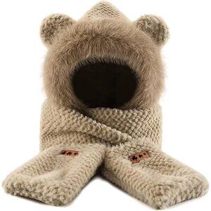 Women's Khaki Hooded Scarf Cute Bear Ear Hat Faux Fur Gloves Set Soft